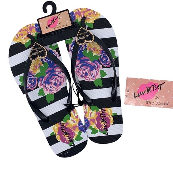 Luv Betsey Johnson Ariah Floral Stripe Flip Flop Sandals Heart Logo Womens Sz 8 - Picture 4 of 6